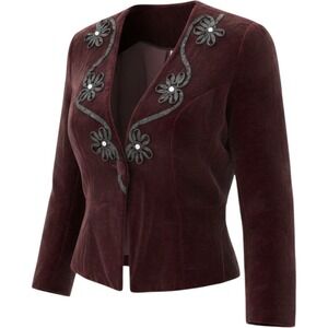 Magic California Velvet Blazer Womens Medium Burgundy Floral Applique Rhinestone